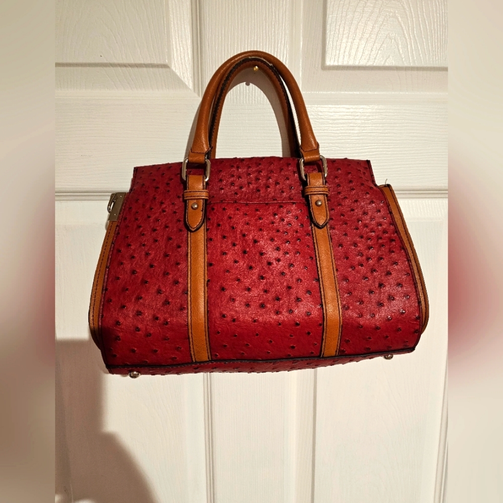 London Fog Rich Red Faux Ostrich Leather Shoulder Bag Purse Handbag NWT